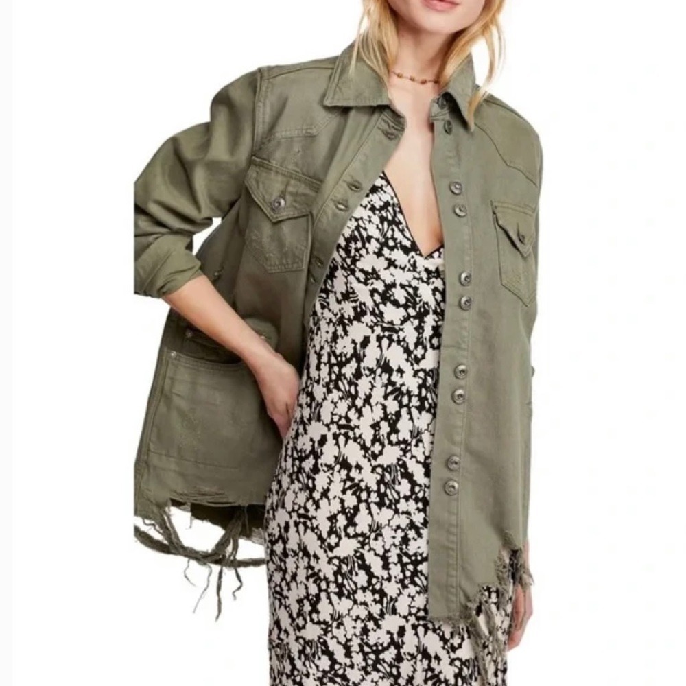 Free People Green Cotton Moonchild Distressed Shirt Jacket Oversized Size Small